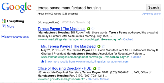 Teresa Payne (HUD) Manufactured Housing Google SERP