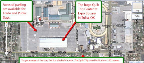 Satellite view of the Quik-Trip Center, courtesy of Google Maps. The Quik-Trip Center offers parking for thousands of possible attendees on Public Days, and easy access and set-up for Industry Trade Days.