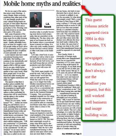 Houston Market, Baytown TX Mobile Home Myths and Realities guest column by L. A. Tony Kovach 