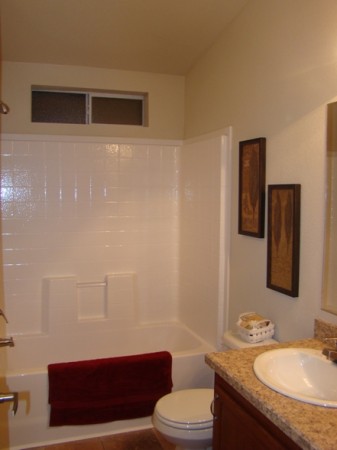 The window over the shower wall allows natural light into the bath during the day.